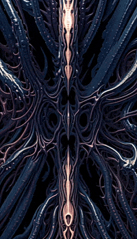 Digital art gif. A kaleidoscopic rendering of what appears to be a neural network with a cosmic palette of dark blues, purples, pinks and whites. 