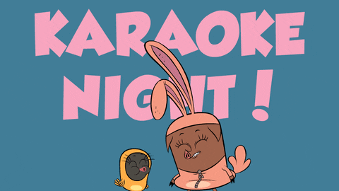An animated picture of pair of birds in costumes whistling and schouting with the background spelling "Karaoke night!"