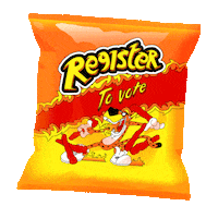 Illustrated gif. Bag of Flamin Hot Cheetos, text instead reading, "Register to vote!"