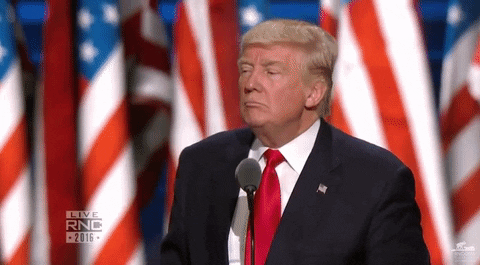 Politics gif. On a stage, Donald Trump appears to be listening for something, then points his finger and smiles.