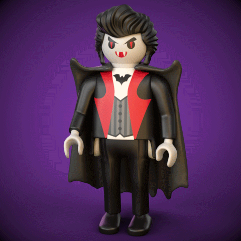 Digital art gif. Lego Dracula grabs his cloak and puts it over his face while bats fly in the background.