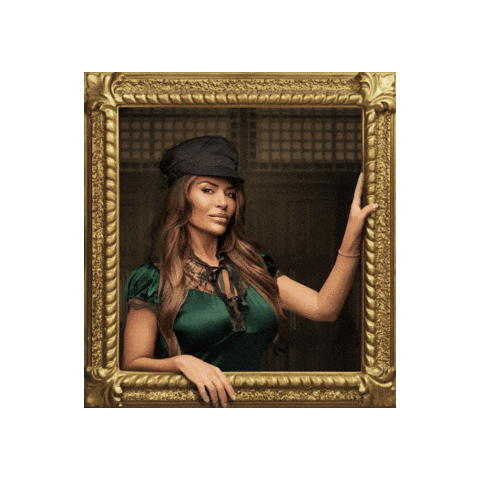 Sponsored sticker gif. Gold-framed portrait of Traitors cast member Dolores Catania pulses forward and back.