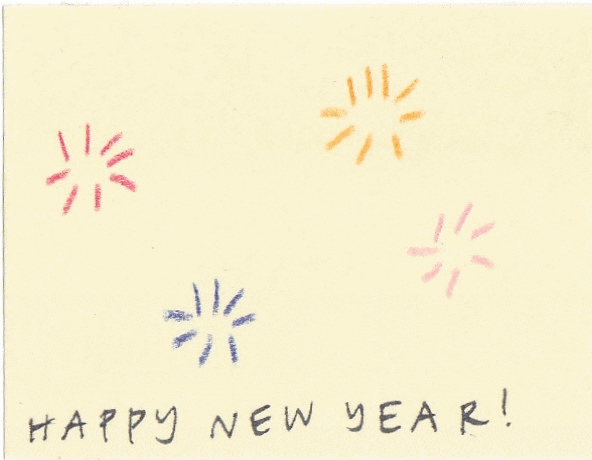 Text gif. Crayon on a page forms very simple exploding  fireworks in primary colors. Text, "Happy new year!"