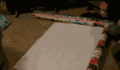 Video gif. Black and white cat walks up to its owner and the owner forces the cat to lay down on a sheet of Christmas wrapping paper. The cat lays there unbothered as its owner wraps the paper around its body then puts a bow on its head.