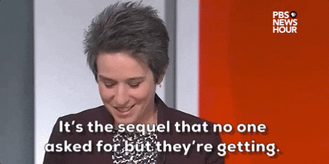 Political gif. Amy Walter on PBS News Hour turns and smiles, nodding for emphasis as she says, “It’s the sequel that no one asked for, but they’re getting.”