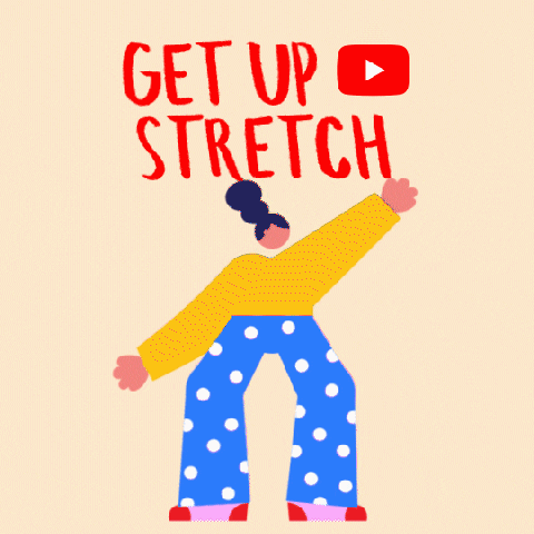 Digital art gif. Woman in a yellow sweater and polka dot blue pants moves her arms up and down at a time, bending her knees slightly. Text, “Get up Stretch.”