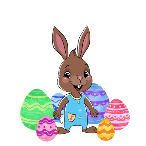 Digital illustration gif. Little brown rabbit wearing a light blue onesie hops up and down with a sweet expression as several colorful Easter eggs rock back and forth around it with each jump.