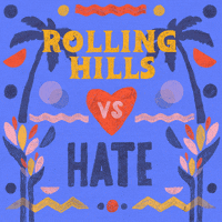 Text gif. Graphic painting of palm trees and rippling waves, the message "Rolling Hills vs hate," vs in a beating heart, hate crossed out.
