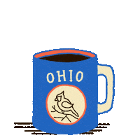 Digital art gif. Blue mug full of coffee featuring a cardinal labeled “Ohio” rests over a transparent background. Steam rising from the mug reveals the message, “Vote early.” 

