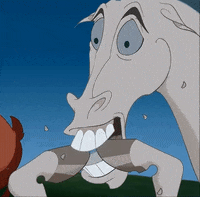 Cartoon gif. Pegasus from Hercules is extremely nervous and he has both of his front legs up and is biting his hooves aggressively. Chips of his hooves fly everywhere and his eyes are widened in fright.