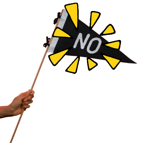 Video gif. Black pennant flag with white text reads, "No." Yellow cartoon emphasis lines radiate from it as it waves slowly on a transparent background.