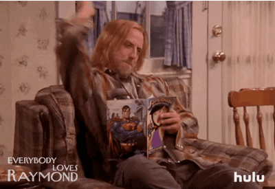TV gif. Chris Elliot as Peter in Everybody Loves Raymond extends his arm out then pulls it back and mouths the sound Boom as if he just shot a gun.