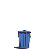 Digital art gif. Trash can overflowing with garbage over a transparent background bounces under the text, “Check your voter guide.” A man wearing a blue suit and red tie jumps out and dances around, waving his arms in the air under the text, “Not every politician is trash.”