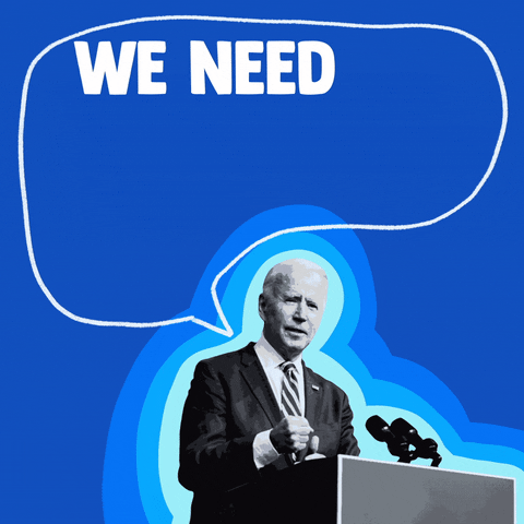 Political gif. Joe Biden at a podium, surrounded by rings of blue, with a big word bubble that reads "We need to finish the job" against a blue background.