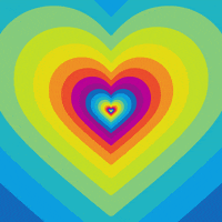 Digital art gif. A neon heart pulses and beams as it changes colors and grows, almost like going down a heart tunnel. 