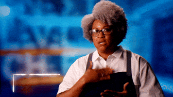 Reality TV gif. Courtney from Next Level Chef pats her chest repeatedly while she says, "My heart, my heart is just beating" which appears as text.