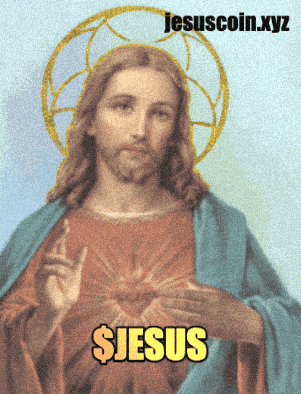 Digital art gif. Jesus looks at us with a serious expression and holds his hand up in prayer. Text, "$Jesus."