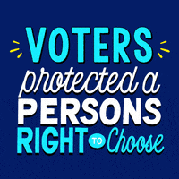 Text gif. Stylized letters in white and cyan on a royal blue background, accented by yellow action marks. Text, "Voters protected a person's right to choose."