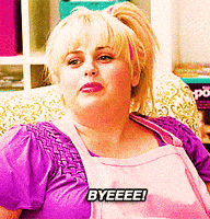 Movie gif. Rebel Wilson as Fat Amy in Pitch Perfect looks up awkwardly, shaking her head and saying a long drawn-out "byeeee."