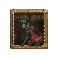 Sponsored sticker gif. Gold-framed portrait of Lala, the black dog from Traitors, swaddled in red plaid tilts from side to side.