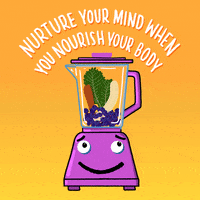 Digital art gif. Animation of a cartoon purple blender with a smiling face, blending up a full cup of fruits and veggies into a yummy purple smoothie against a yellow background. Text, "Nurture your mind when you nourish your body."