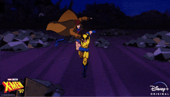 TV gif. A scene from the animated TV show "X-Men 97" shows Wolverine rapidly running with Gambit on his back toward us. Wolverine unsheathes his Adamantiuim claws, which are imbued with pink energy, as Gambit summons an iron rod. The two close in until Gambit's red eyes are all we see in the frame. 