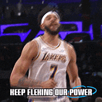 Sports gif. LA Laker JaVale McGee flexes his arms in excitement as he runs off the court. Text, "Keep flexing our power."