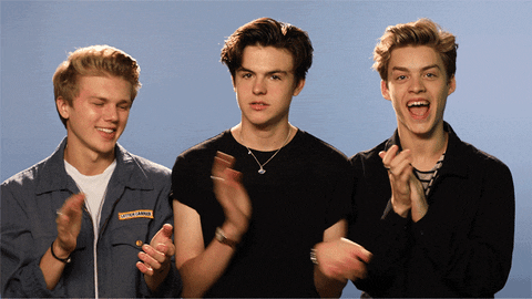 Celebrity gif. The members of New Hope Club: Reece Bibby, Blake Richardson and George Smith clap with various levels of enthusiasm.