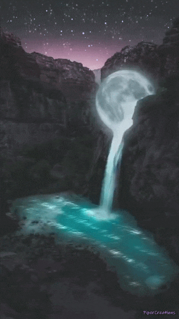 Pipercreations Stars Nature Mountains Moon Waterfall Water Ripples Night Sky GIF by PiperCreations