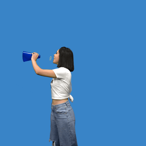 Digital art gif. Woman wearing a "climate action now" t-shirt holds a megaphone to her open mouth and moves her upper body in a wide arc. Yellow text emanates letter by letter from the megaphone, reading, "Fight for the earth," everything against a blue background.