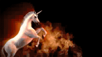 Digital compilation gif. We zoom in and out of an intense scene with several white unicorns bouncing their heads in unison, rearing back and cycling their hooves forward like they're doing their unicorn dance. Text reads, "Happy birthday!'