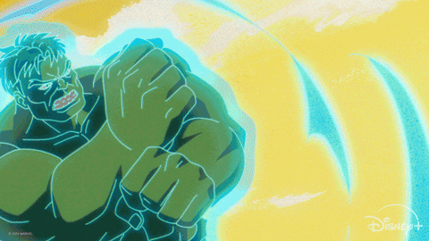 TV gif. A scene from the animated TV show "X-Men 97" shows the Hulk whipping through the air past a Sentinel in a blue vortex of energy. He homes in on a Sentinel in the distance and lands a powerful punch to its head, fully decapitating it and sending its head flying. 