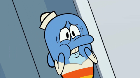 Cartoon gif. Phil from Big Blue. He has both hands on his cheeks and he's biting his lips very hard. He looks very frightened as sweat pours down his face and he quivers in fear.
