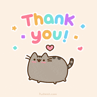 Kawaii gif. Pusheen, a gray cat with stripes, jumps up and down happily with blushing cheeks and a smile. A heart bounces above with other animated shapes. Text, "Thank you!"