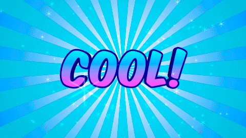 Text reads, "Cool!" against a shining background with rotating purple and blue lines shooting out from the center.