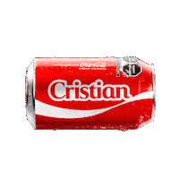 Sponsored gif. A red can of Coca-Cola with the name "Cristian" drops into frame, pauses, and then drops out of sight.