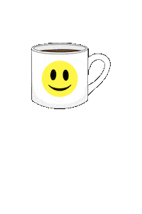 Sticker gif. Mug with a yellow happy face pours out coffee and the spill spells out 'Monday.' The yellow face spins around as it pours.