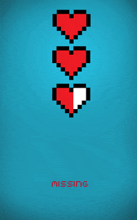 Digital art gif. Three pixelated hearts glow red but the last heart is only half full, flickering in and out. Text, "Missing."