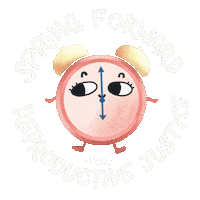 Text gif. Anthropomorphic alarm clock, the hands of her face spinning in opposite directions, her personal arms dancing with excitement, surrounded by the message "Spring forward for reproductive justice."