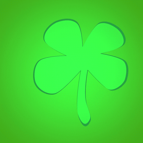 Digital art gif. Illustration of a four-leaf clover rotates on a vertical axis on a bright green background.