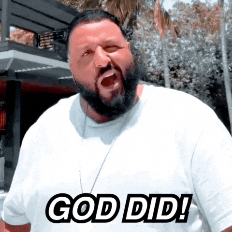 Celebrity gif. DJ Khalid tilts his head and looks at us with a serious expression before strongly says, “God did!”