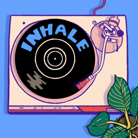Digital art gif. Animation of a record player turntable sitting next to a potted plant. Text on the spinning record reads "inhale" and changes to "exhale" as the record spins, all against a light blue background.
