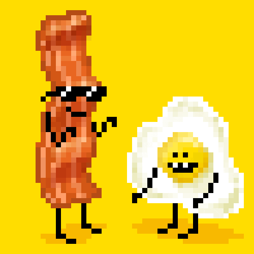 Digital art gif. A pixelated bacon and egg dance happily.