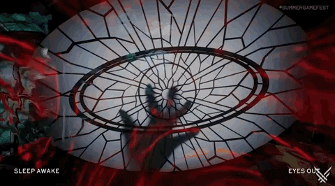 Video game gif. A montage of eerie scenes from the game 'Sleep Awake.' The first scene shows the shadow of a hand reaching towards a large, circular stained-glass window with a geometric design in a dark setting. The second scene depicts an electrified figure suspended in mid-air by a beam of electricity. The final scene features a scary masked character standing above you, raising his leg, about to stomp on you.