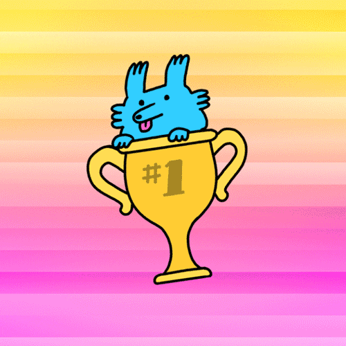 Illustrated gif. Gold #1 trophy floats above a yellow and pink striped background; and a blue dog pops up out of the trophy with its tongue hanging out.