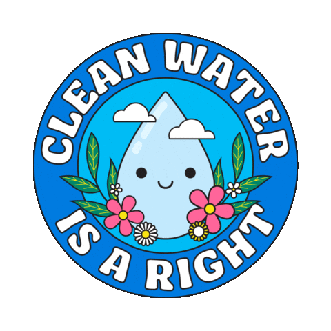 Digital art gif. Blue circle, inside of which is an illustration of a bouncing blue cartoon water droplet with a smiling face, surrounded by clouds, flowers, and leaves. Text around the outside of the circle reads, "Clean water is a right."