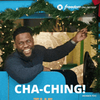 Sponsored gif. Comedian Kevin Hart sits in a blue golf cart decorated with christmas lights and garland. He is ringing a bell and smiling. The Chase Freedom Unlimited logo is in the upper right corner. 
