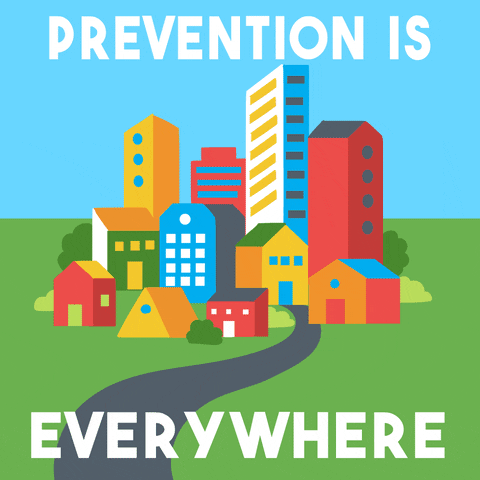 Digital art gif. Illustrations of different locations slide across our screen; a hospital, a church, a city, a school, a home, and a playground. Text, "Prevention is everywhere."