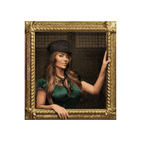 Sponsored sticker gif. Gold-framed portrait of Traitors cast member Dolores Catania pulses forward and back.