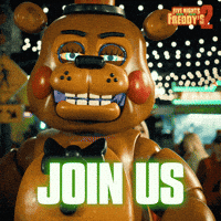 Sponsored gif. Evil animatronic Freddy Fazbear walks menacingly toward the viewer. There is a carnival behind him with string lights, game stalls, and people wearing foam hats. The Five Nights at Freddy's 2 logo is in the upper right corner. Text reads: "Join us" 